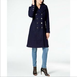 GUESS Women’s Double-Breasted A-Line Wool Blend Peacoat in Navy